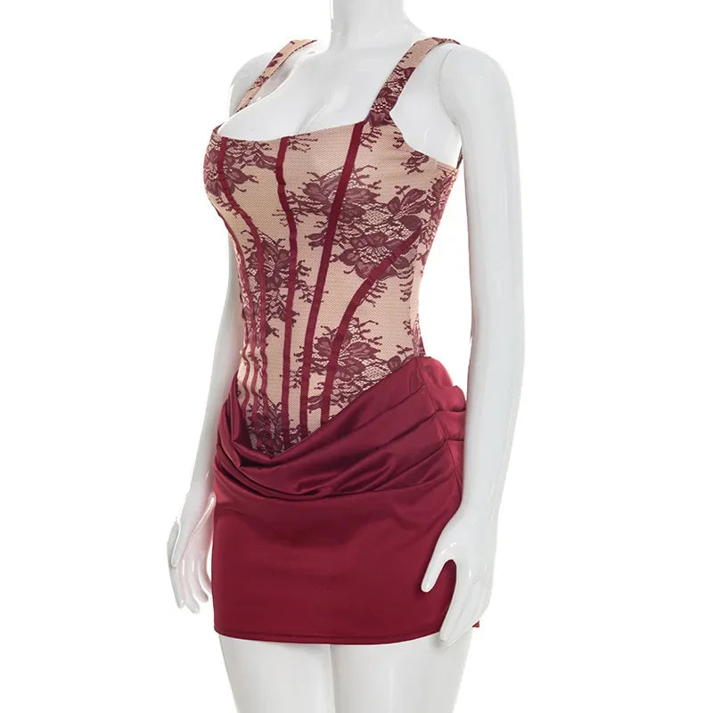 Sexy Lace Patchwork Corset Top Ruched Mini Skirt Dress Slim Fit Bodycon Sleeveless Elegant Birthday Party Summer Dresses 2026
