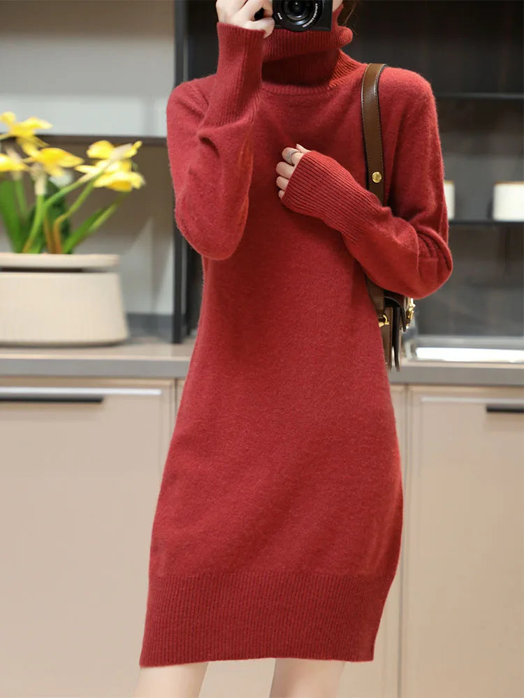 Elegant Cashmere Sweater Womens Dresses 100% Merino Wool Autumn Winter Turtleneck Knitted Dress Female Casual Long-Sleeve Skirts