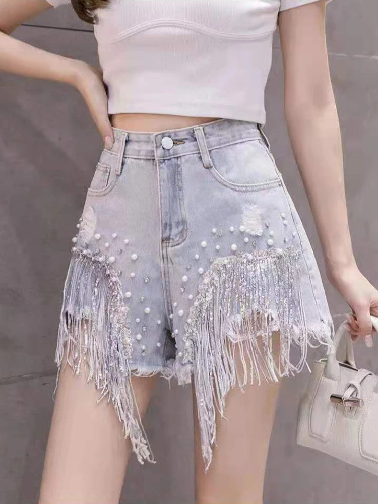 Trendy Women's Denim Shorts High Waist Sequin Embellished Fringe Hot Pants Spring Summer 2026