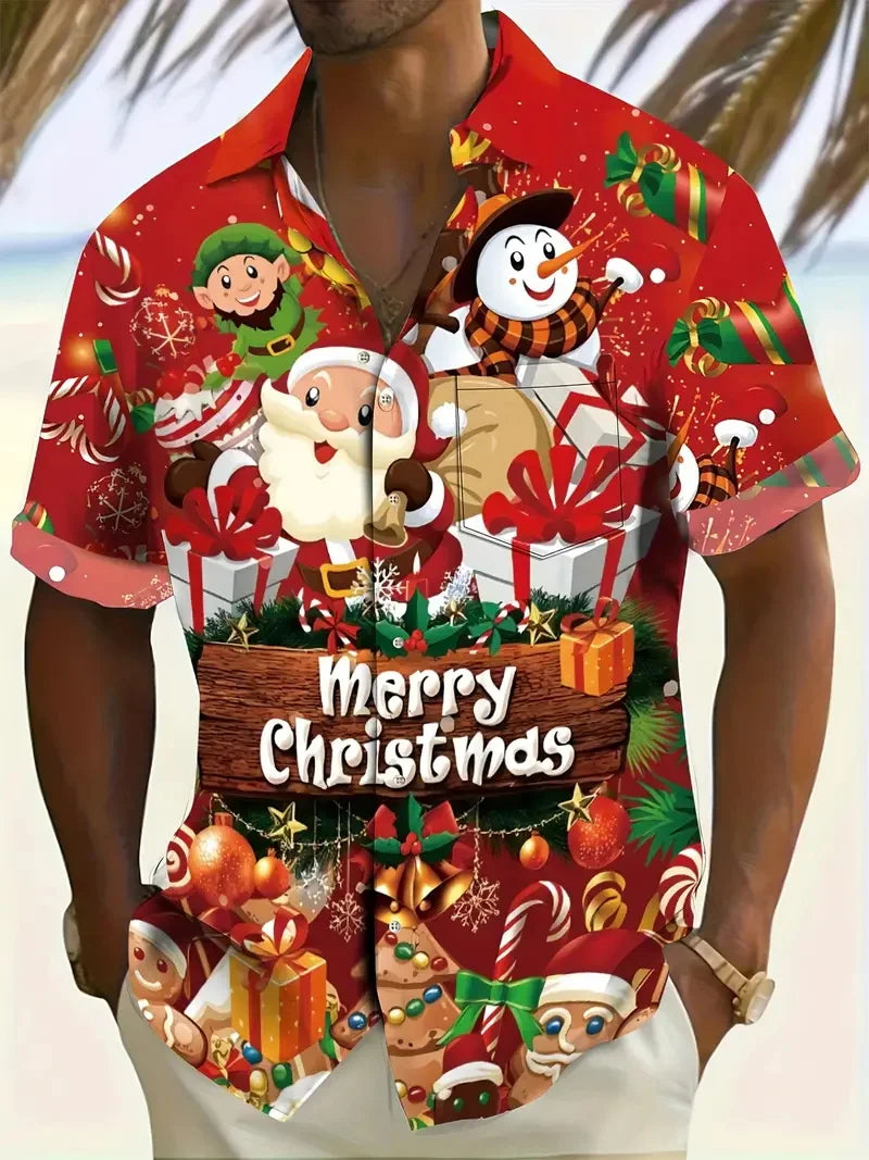Men's Christmas Santa Beach Vacation Shirts 3D Print Casual Short Sleeve Button Up Hawaiian Shirts Blouse For Men Aloha Shirt