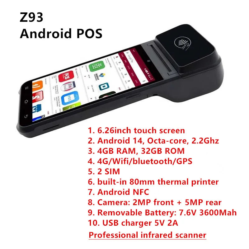 Z93 Handheld 6.26-inch Touch Screen Android 14.0 POS Terminal Cash Register With 4G NFC Camera Scanner 58/80mm Thermal Printer