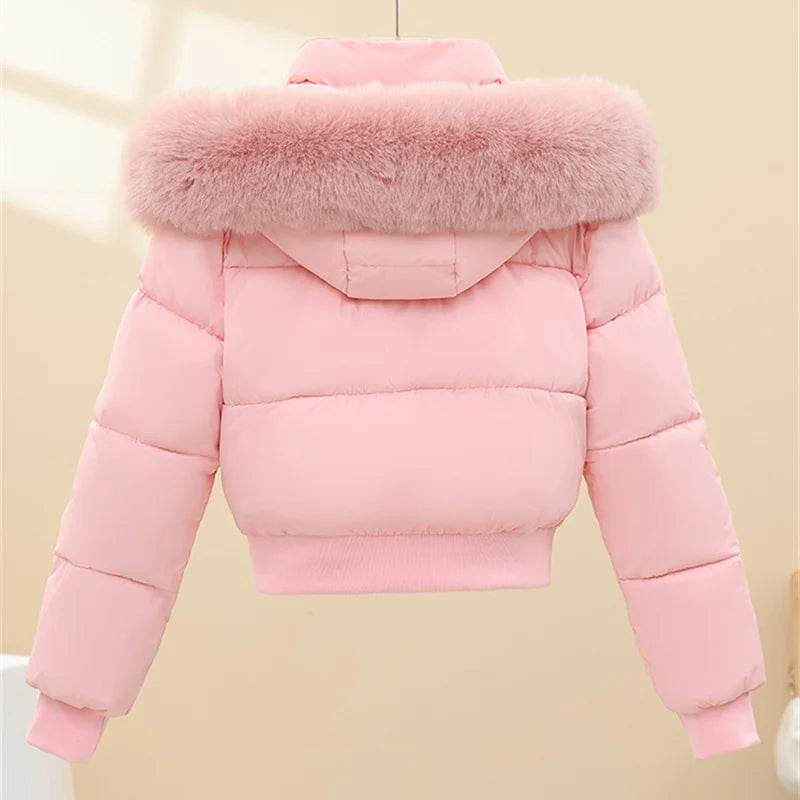2026 Super-short Cotton-padded Jacket Women's Elastic-waist Winter Coats Fur Collar Hooded Parkas Streetwear Warm Slim Outerwear