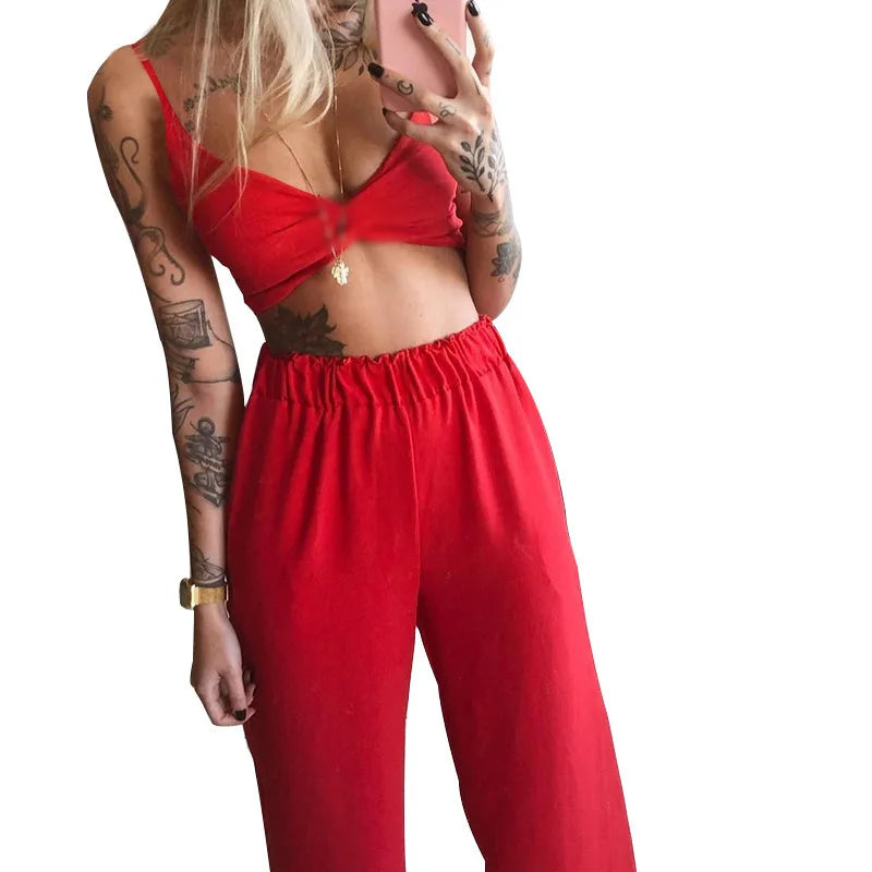 Sexy Two Piece Set Women Outfit 2025 Summer Butterfly Print V-Neck Cropped Top High Waist Drawstring Casual Wide Leg Pants Sets