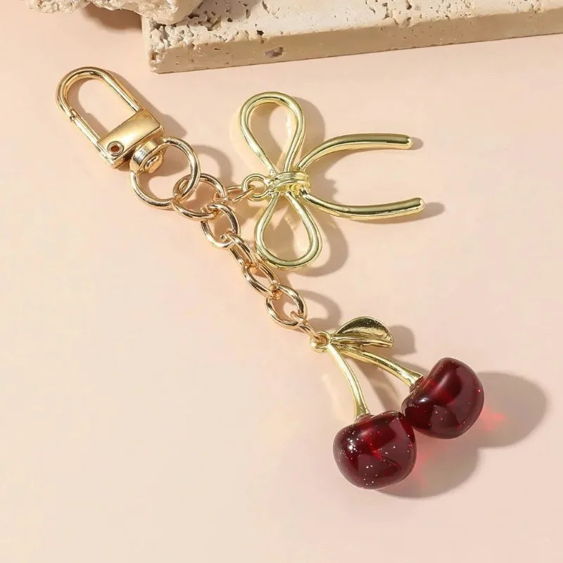 Classic Red Cherry Bow Pendant Keychain for Women Bag Decoration Car Key Chain Fashion Key Rings Party Gift Keychain Accessories