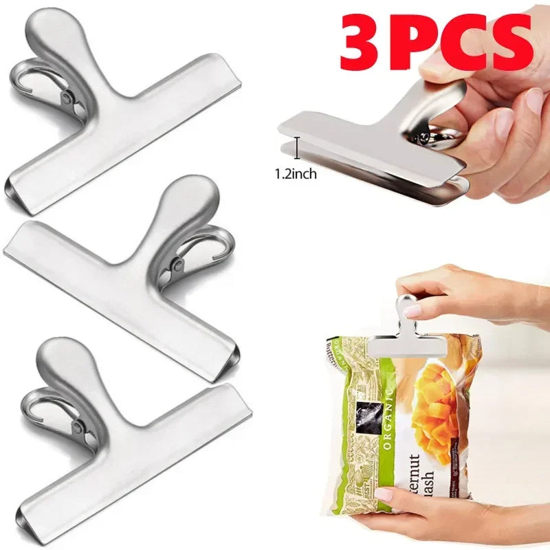 3PCS Stainless Steel Bag Clipsf For Food Heavy Duty Metal Silver Food Clips Office Paper Clamps Air Tight Seal Snack Clips