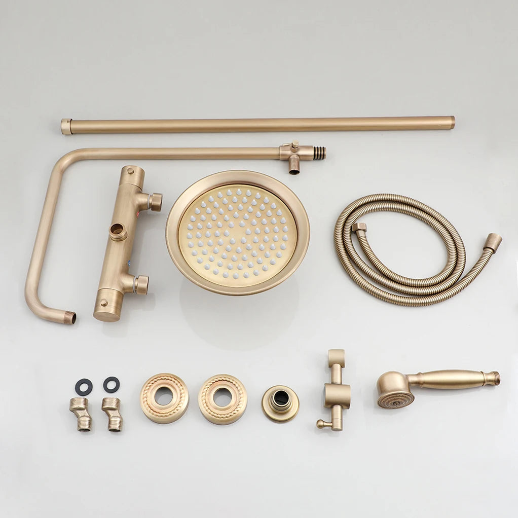 JIENI Bathroom Thermostatic Shower Faucet Set Antique Brass Wall Mounted Rainfall Shower Head W/ Single Handle Control Mixer Tap