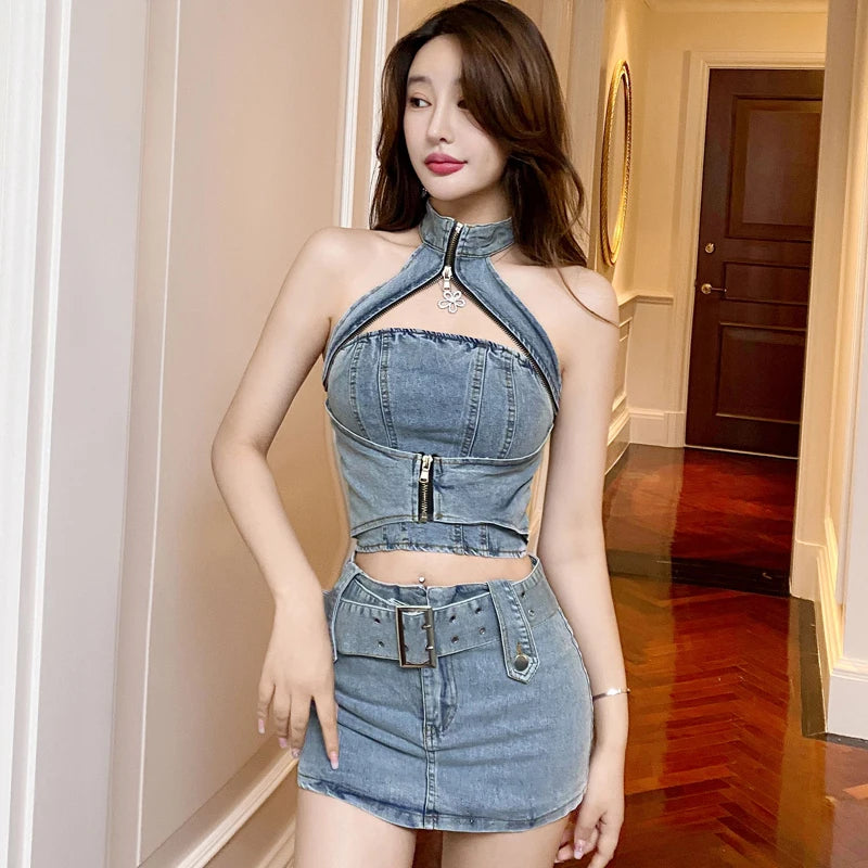 Sexy Women Summer Denim Jeans Halter Tops Mini Skirt Outfits Suits Backless Sashes Chic Style Bodycon High Waist Vestidos