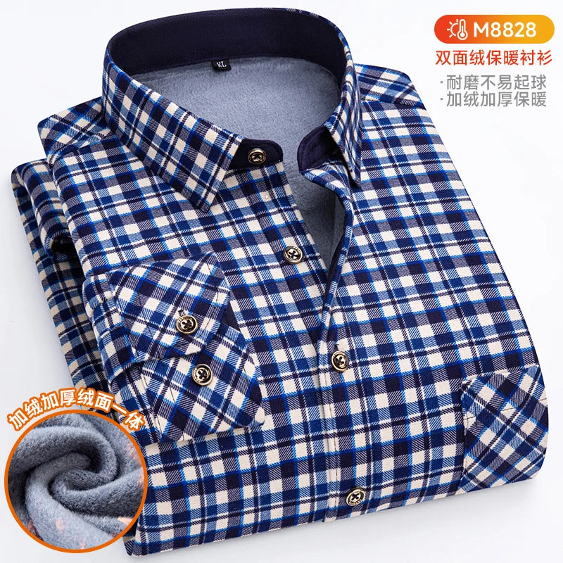 Winter Warm Shirts For Men Regular Fit Thicker Velvet Top Blouse Asia Plus Size Big Plaid Casual Clothing Long Sleeves Shirts