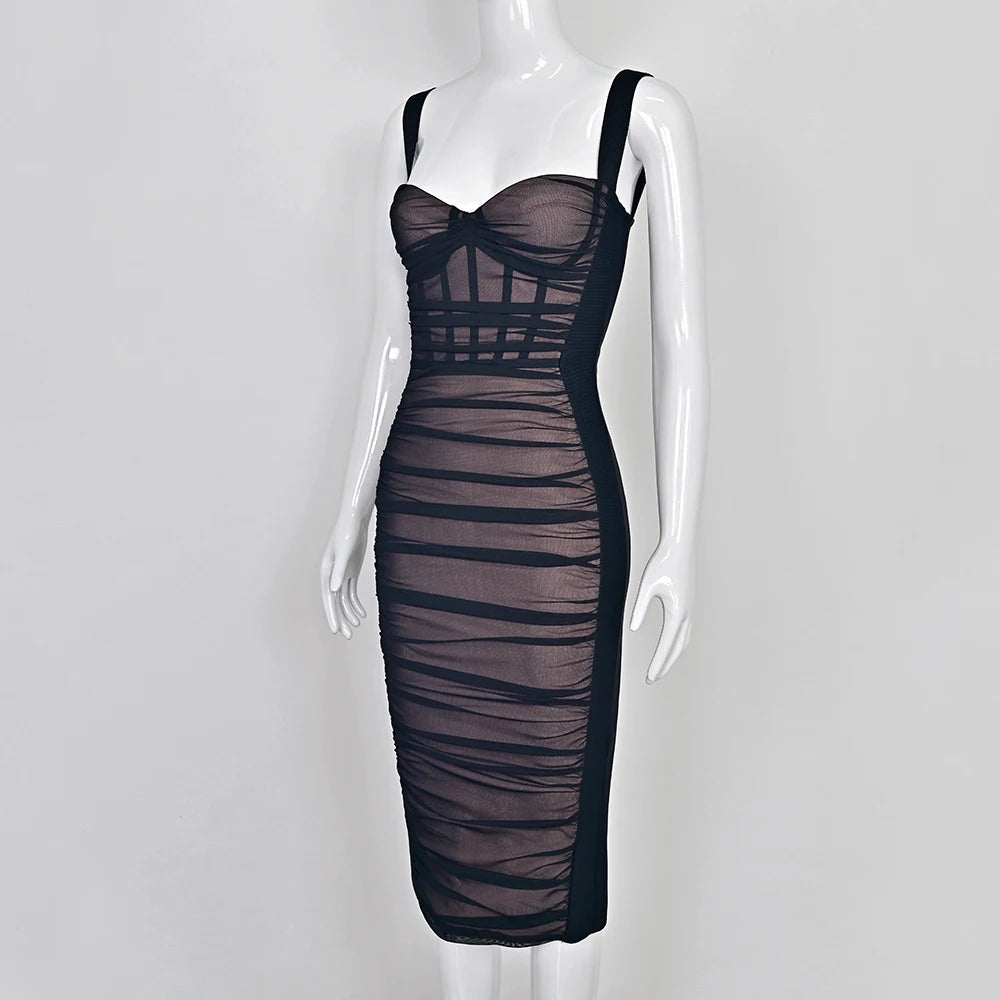 BEAUKEY Sexy Vintage Black Bandage Dress 2025 For Women Summer Draped Spaghetti Split Contrast Bodycon Dress XL Paded Vestido