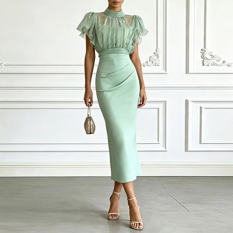 Women Solid 2 Piece Set Stand Collar Ruffle Puff Sleeve Mesh Crop Top & Bodycon Skirt Suits Elegant Wedding Guest Evening Outfit