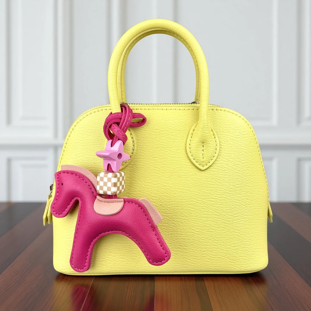 Chic PU Leather Pony Bag Charm, Lucky Clover & Checkered Bead Pendant, Y2K Boho Purse Accessory, Gift for Her