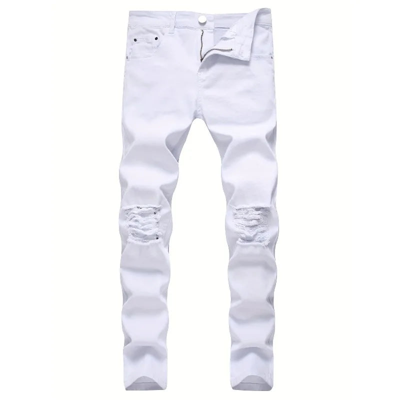 Skinny Stretch Ripped Jeans Men's Distressed Kpop Slim Fit Denim Pants American Street Style Rock Hip Hop White Black Trousers