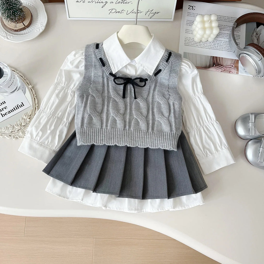 24 Girls Baby Spring Autumn Winter Clothing Set Elegant Girl Kids Puff Sleeves Shirts+knit Sweaters Vests+Skirts 3pcs Clothes