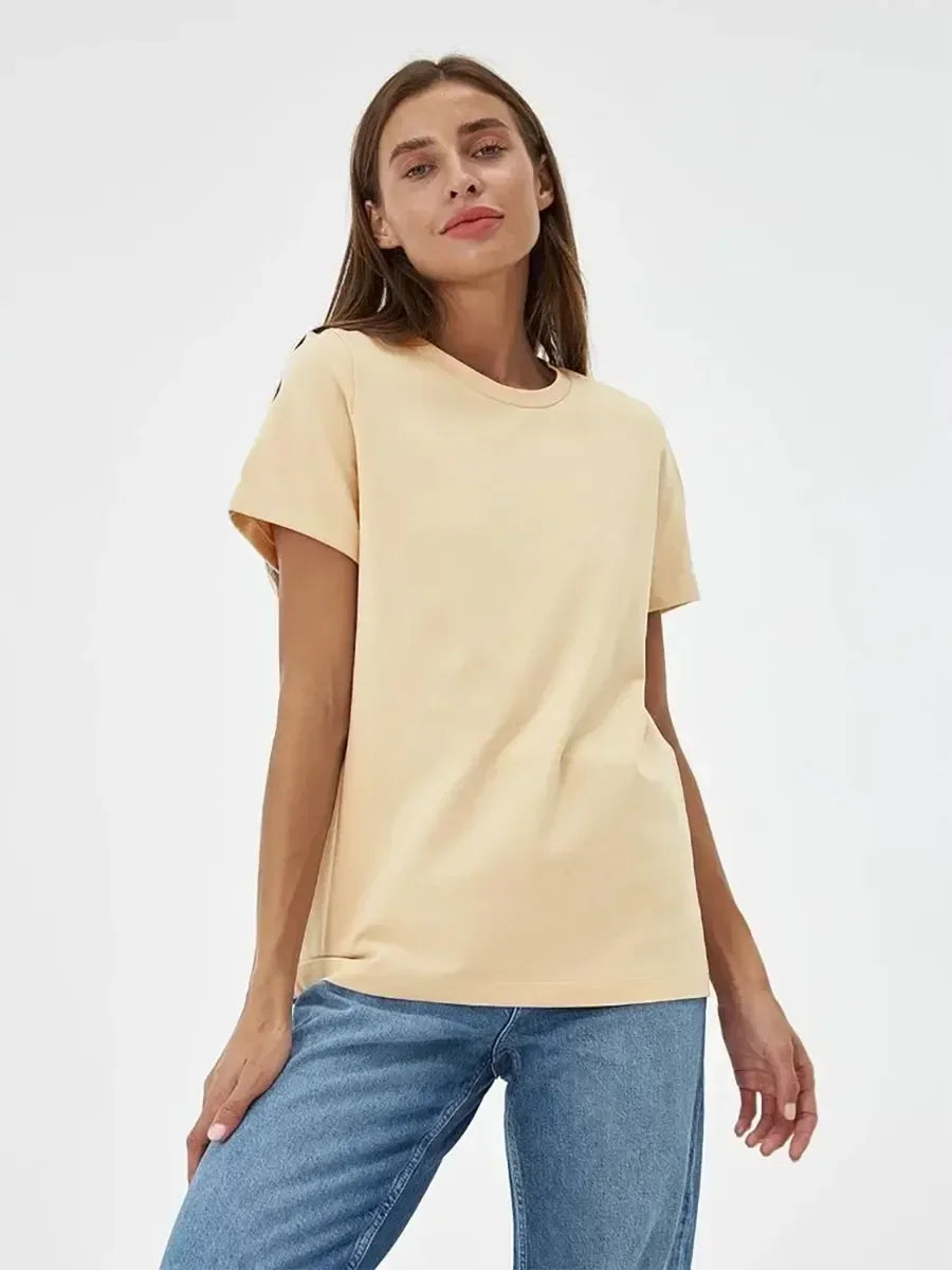 Summer 100% Cotton Women's T-shirt Bottoming Basic Fashionable Lady Short Sleeve Loose Tops Shirts Solid 200g/㎡ Tops