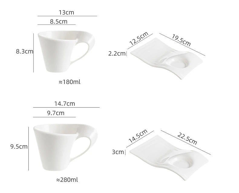 European Ceramic CoffeeCups Set with Wave Shape Plate 80 100 180 and 280ml Modern Minimalist White Cappuccino Latte Dessert Dish