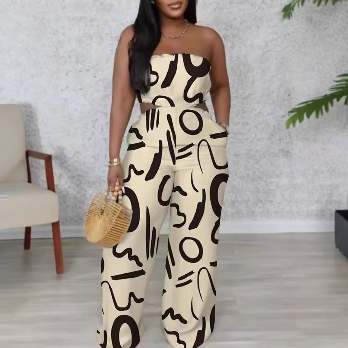 2025 Elegant Sleeveless Hollow Out Casual Style Women Tube Top with Wide-leg Jumpsuit Long Pants