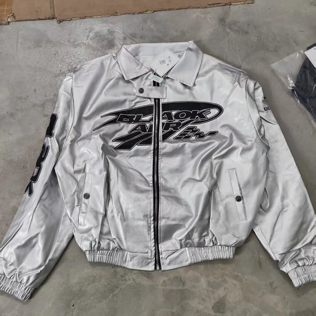 European American Motorcycle Leather Jacket Unisex Embroidered Baseball Jacket Retro Imitation Leather Jacket Coat Streetwear