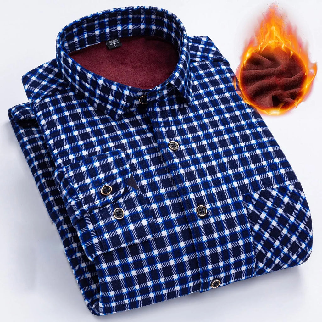 2025 Men's Autumn Winter Warm Long Sleeve Casual Plaid Shirts Thickern Fleece Check Shirts for Men Plus Size Male Office Clothes
