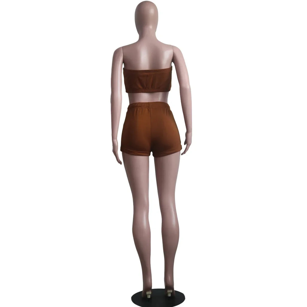 Thin Summer New Solid Color Lace Up Tracksuits Women Sleeveless Backless Tube And Shorts Two Piece Sets Casual 2pcs Outfits
