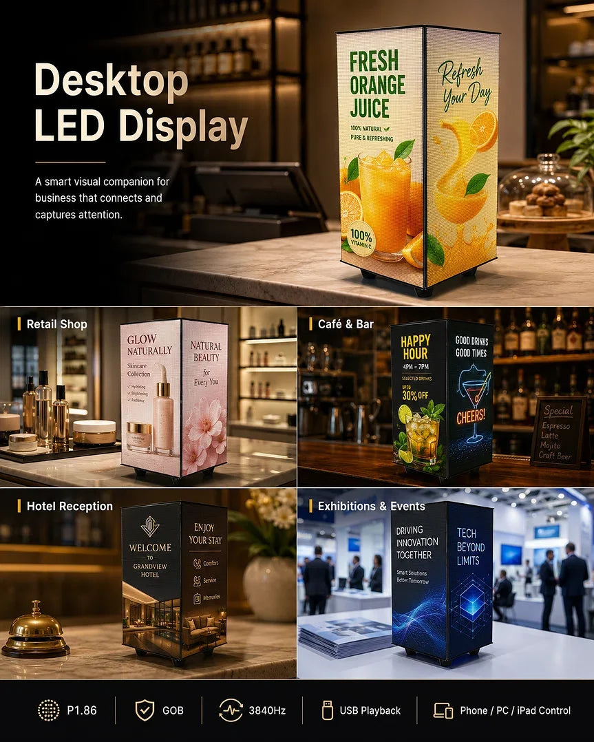 Mini LED Magic Cube Display P1.86 GOB, 4 Sided Countertop Screen for Retail Store