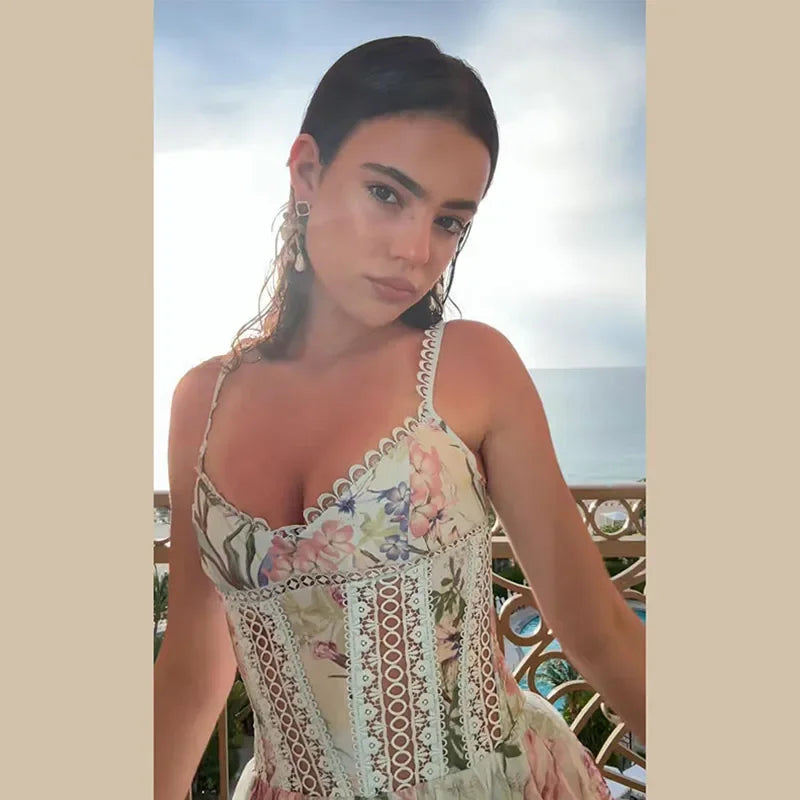 Women's Printed Dress V-neck Lace Hollow Out A-line Spaghetti Strap Pleated Lady Dresses 2026 Summer Chic Female Sexy Party Robe