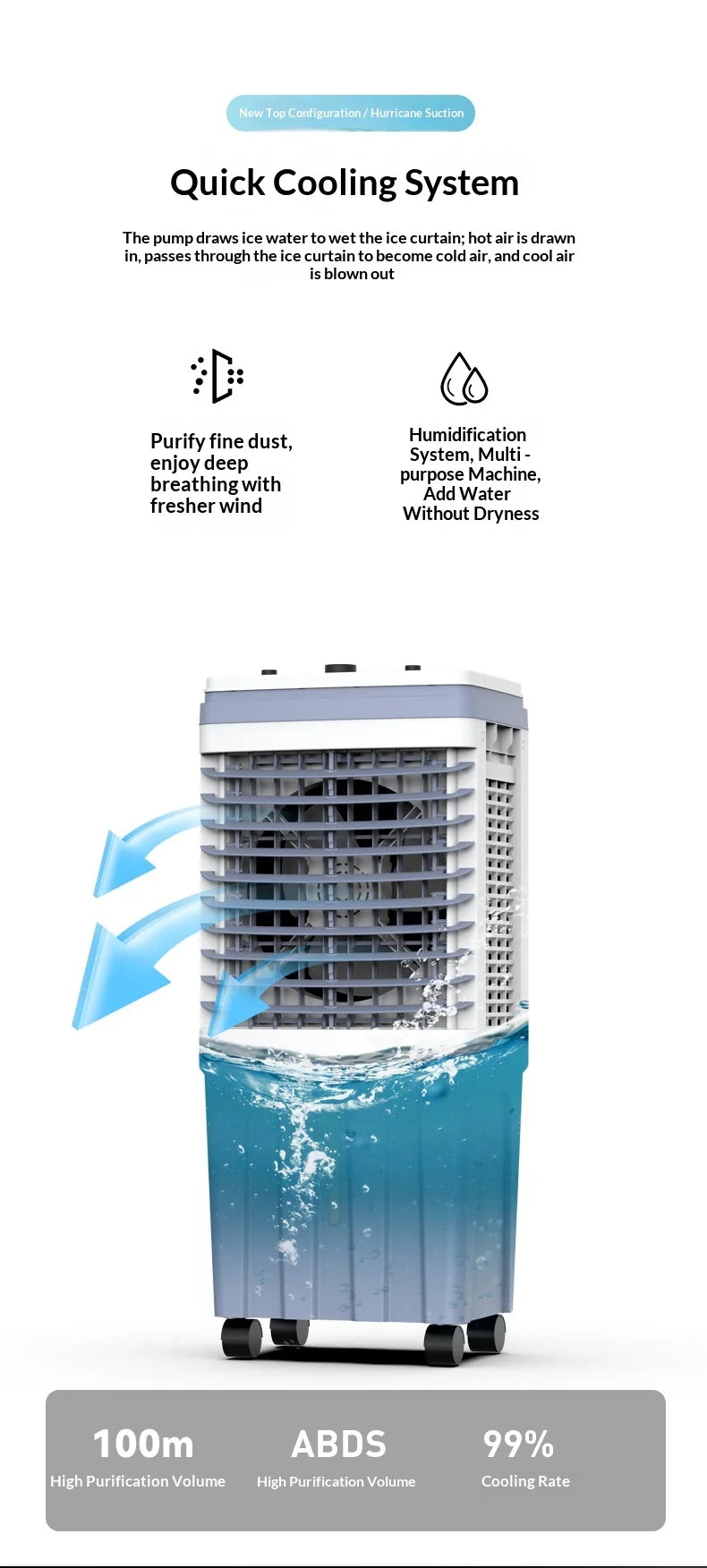 Portable Water Cooling Air Cooler, High Air Volume, for Home & Commercial Us