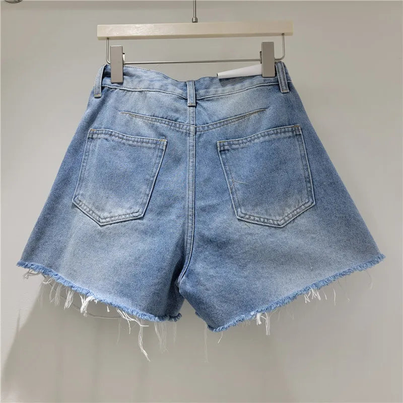 Women Denim Shorts Holes Spliced Print Jeans Pockets Solid Wide Leg Short Pant Tassels High Waist Trousers Casual Streetwear
