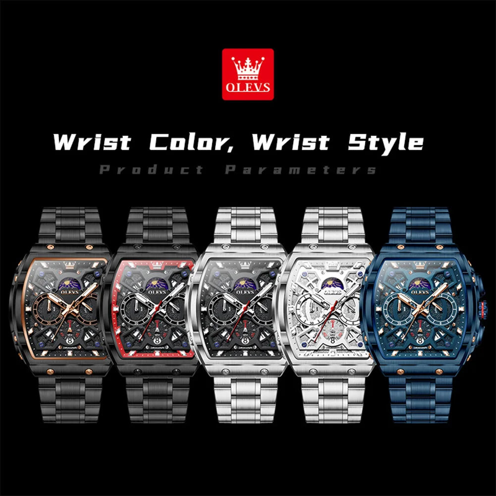 OLEVS 2942 New Mens Watch Tonneau Quartz Watch Stainless Steel Waterproof Sports Moon Phase Date Watches For Man Original Reloj