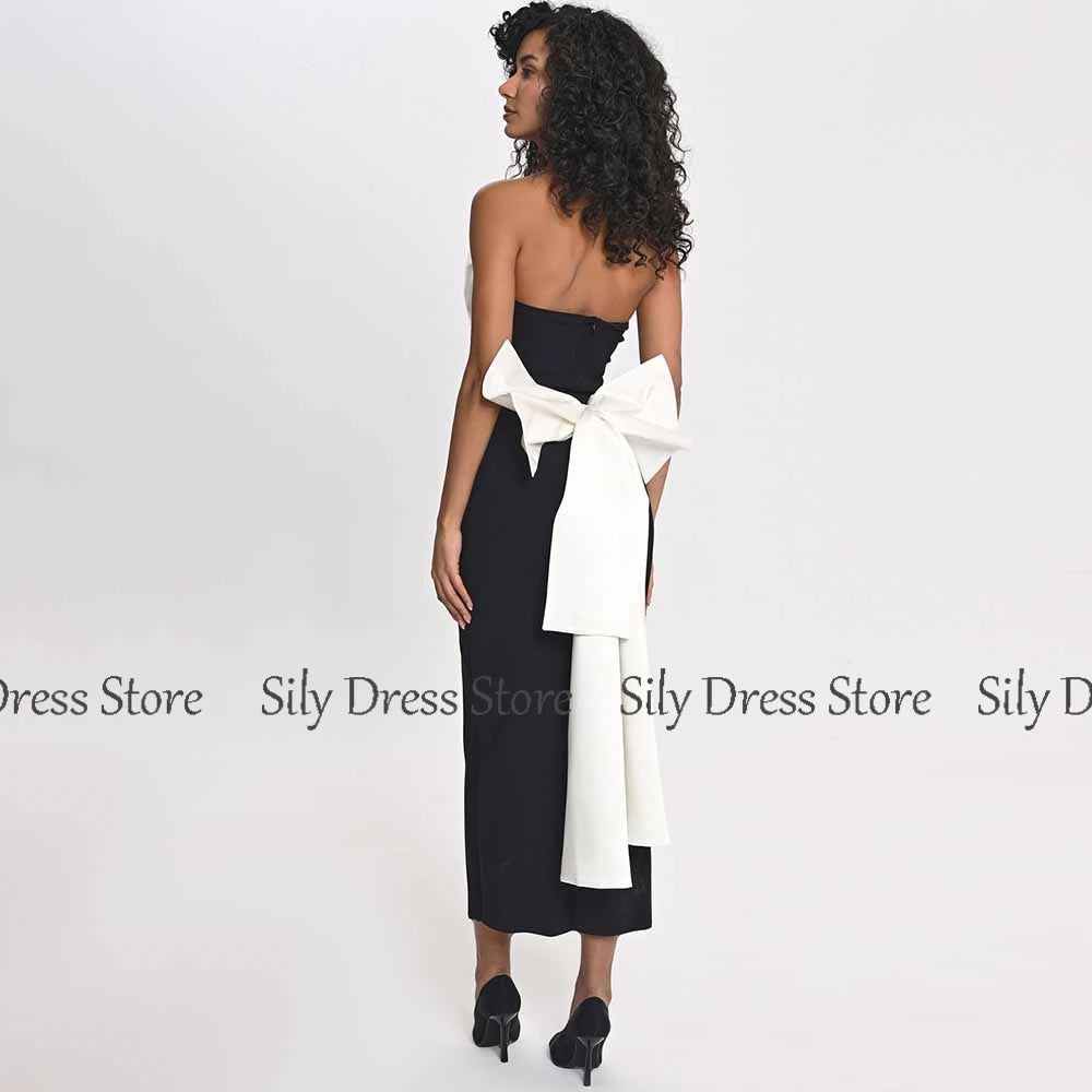 Formal Women's Cocktail Party Dresses Jersey and Satin Column Homecoming Dress Black and White Strapless Bow Draped Prom Dresses