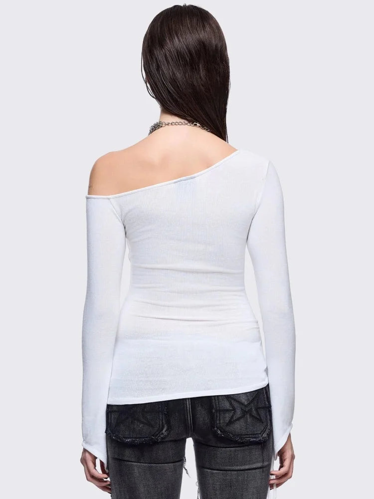 2026 New Women's Black White Gothic Off Shoulder Top Cross Detail Long Sleeve Punk Fashion T Shirt Streetwear