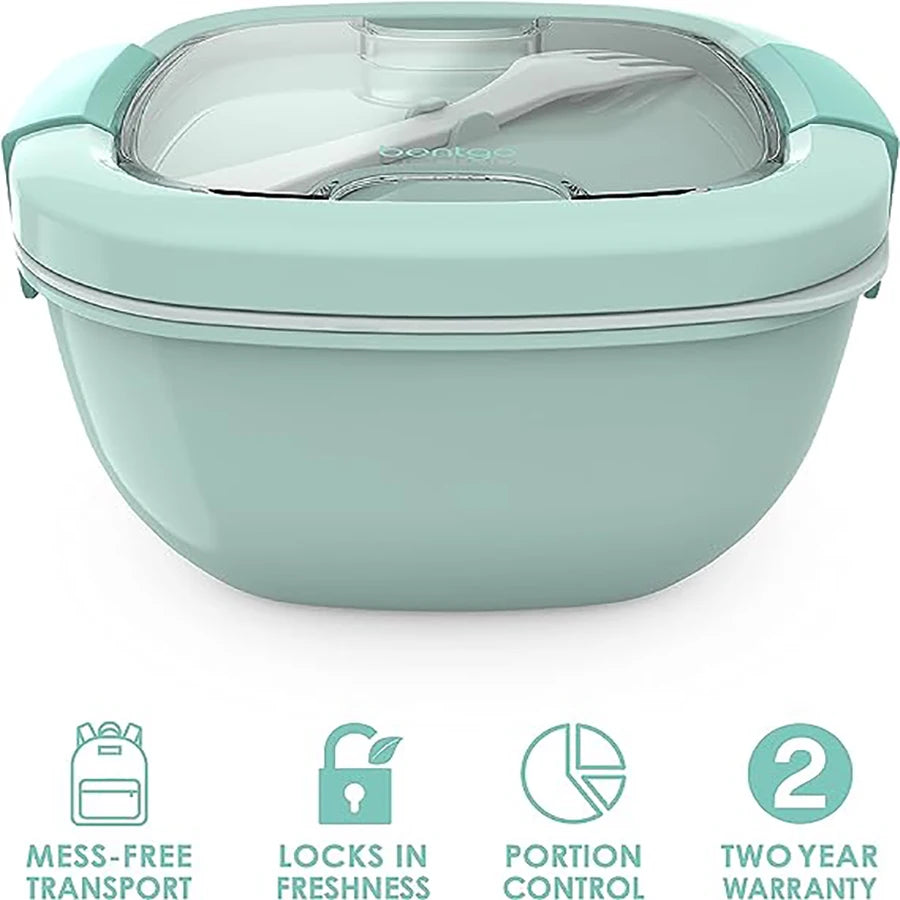 Double Stackable Lunch Box, 50 oz. Large Salad Bowl, 4 Compartment Tray, 3 oz. Sauce Container, Built-In Reusable Fork & Spoon