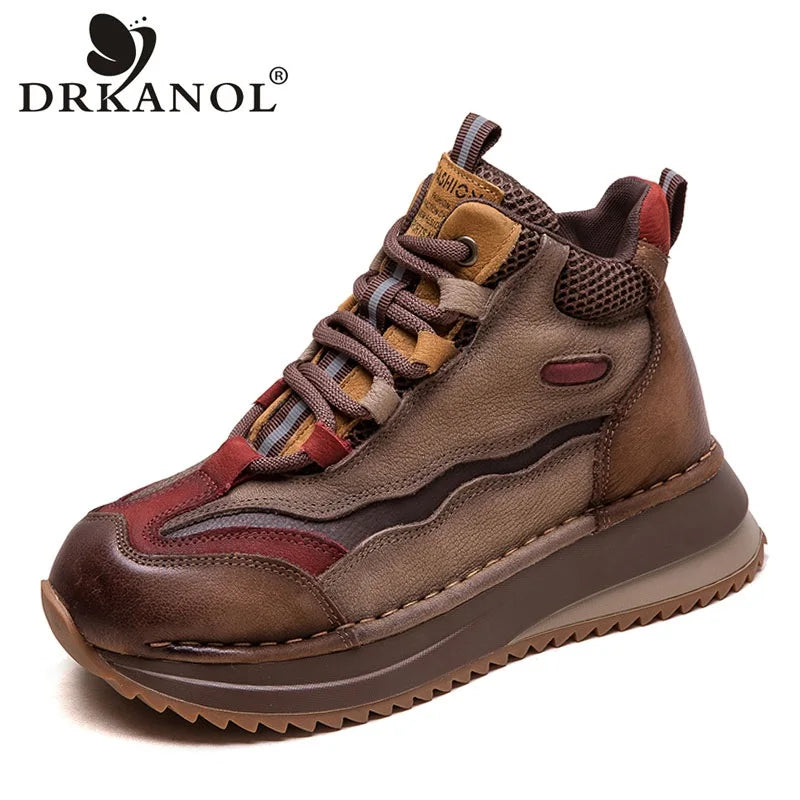 DRKANOL 2026 Women Boots Autumn Winter Mixed Colors Genuine Cow Leather Warm Ankle Boots Ladies High Top Casual Sneakers Shoes