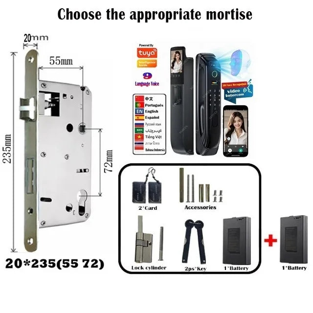 5050 5072 5572 4585 6085 Mortise Tuya WiFi Video Intercom 3D Face Recognition Smart Lock Biometric Camera Auto Keyless Lock