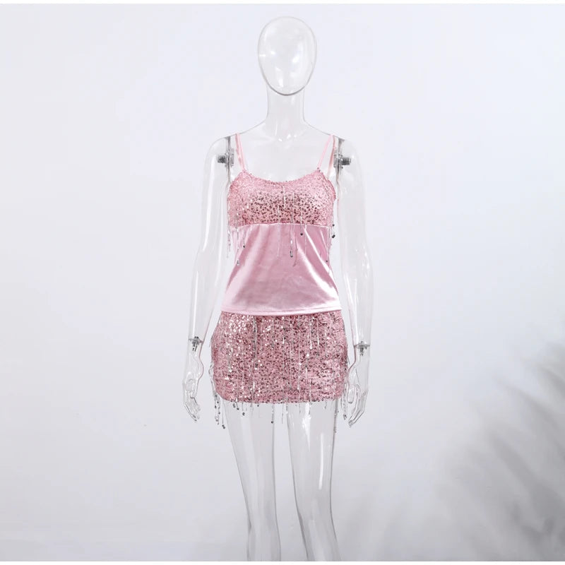 Sexy Tassel Sequins Vest Mini Skirt Women Crop Sling Vests Short Hip Package A-line Skirts 2026 Summer Lady Beach Party Outfits