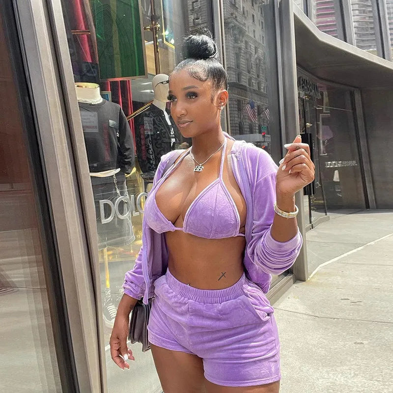 Velvet Tracksuit 3 Piece Set Women Fall Outfits Zipper Hoodies Jacket + Bra + Shorts Sets Sporty Matching Sets Jogging Femme