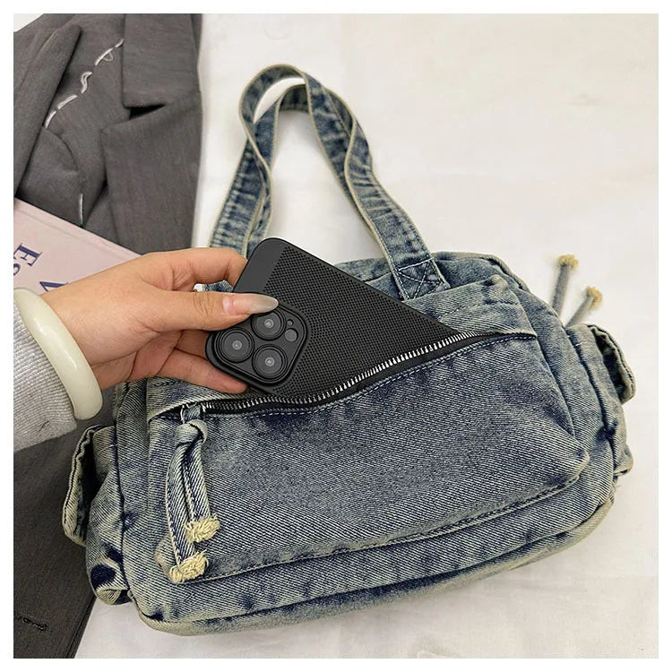 Trendy Vintage Denim Top Handle Bag Women Fashion Spring Shoulder Bag Casual Comfortable and Versatile Texture Storage Bag