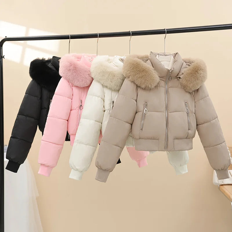 Short Cotton Jackets Long Sleeve Loose Hooded Short Women's Parka Coats Big Fur Collar Winter Down Cotton Padded Coats 2025 New