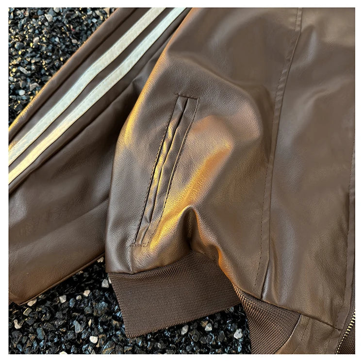 Men's Brown Leather Jacket American Retro Patchwork Striped Outerwear Youthful Style Summer Biker Coat Long Sleeve Zipper Clo...