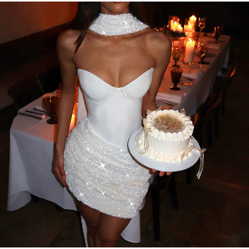 Sexy Sequin Patchwork Scarf Collar Dress Women Fashion Strapless Backless Bodycon Mini Dresses 2026 Lady Party Evening Gown