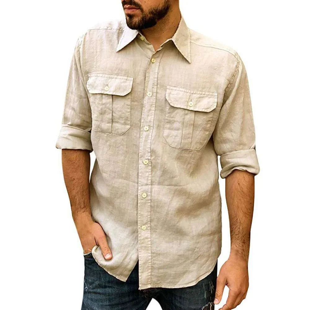 Cotton Linen Men's Shirt Long Sleeve Solid Color Casual Tops Lapel Double Pocket Design Classic Shirt Trendy Male Clothing