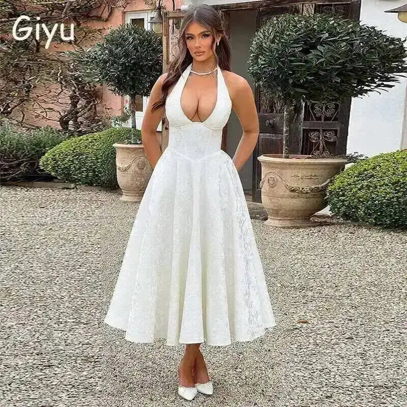 Giyu Club Evening Party Dresses Women 2025 Summer Sexy Bow Halter Long Dress Elegant Jacquard Lace Up Backless Birthday Robe
