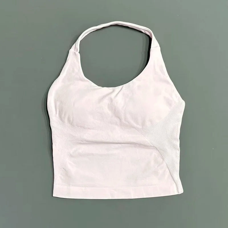 Halter Yoga Tank Top Women Sexy Seamless Strappy Backless Slim Fit Padded Breathable Gym Fitness Running Workout Sports Tops