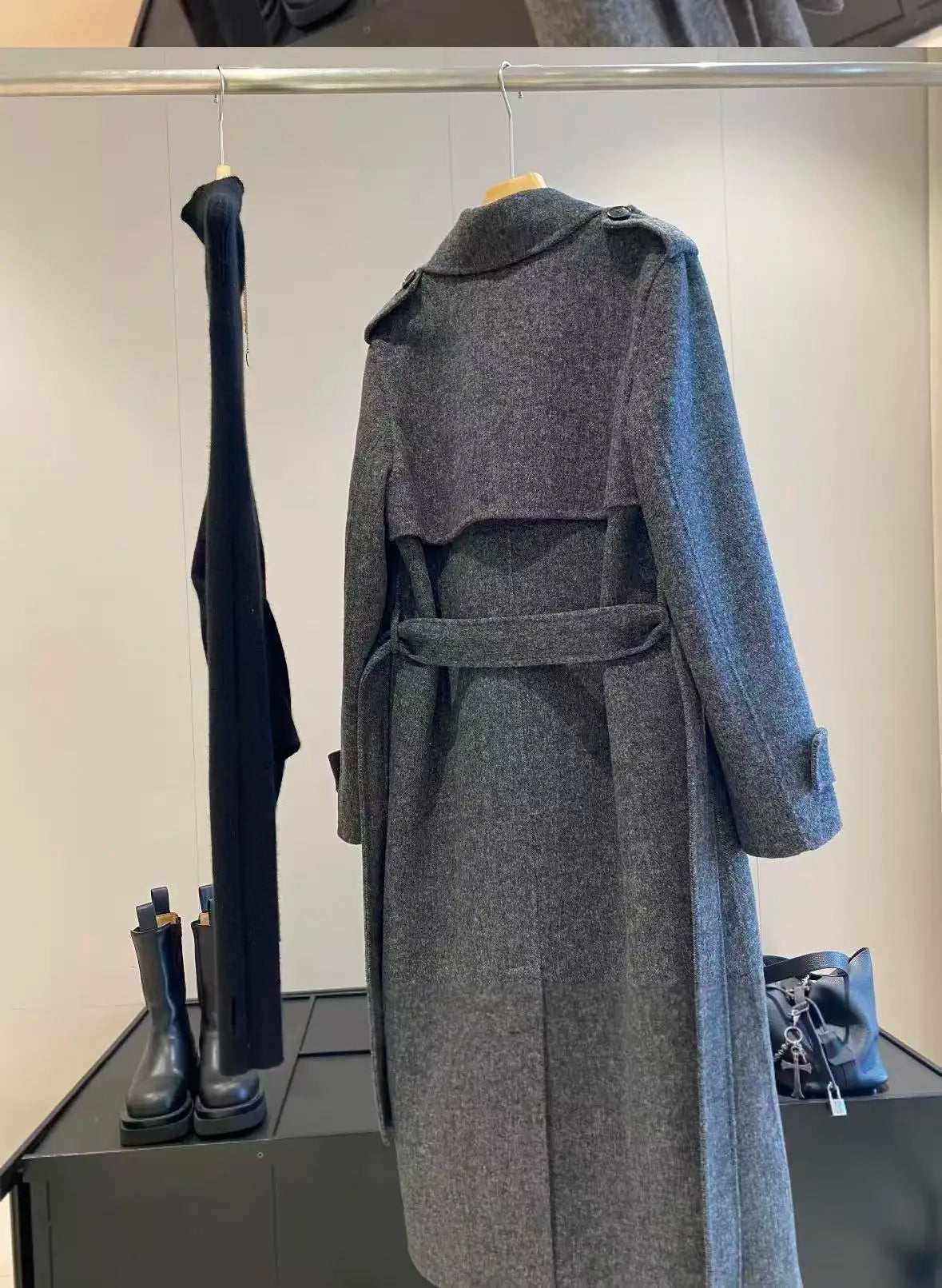 Original Grey 2025 Women's new style wool blend woolen coat with belt, double-sided fleece long woolen coat