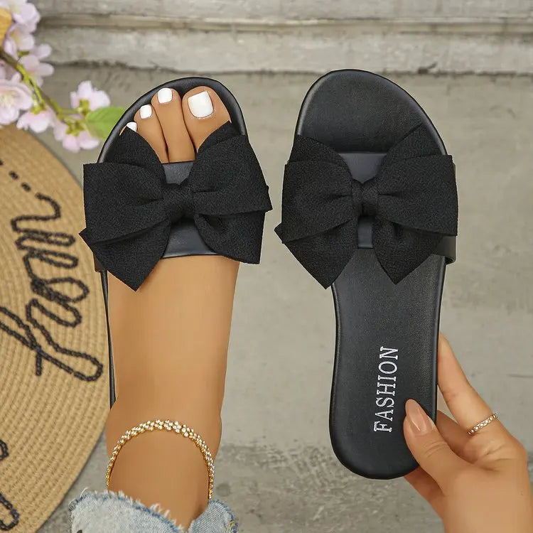 Womens Slip on Flat Sandals Big Bowknot Wide Strap Slides Mules Open Toe Casual Sweet Summer Beach Comfort Daily Walking Shoes