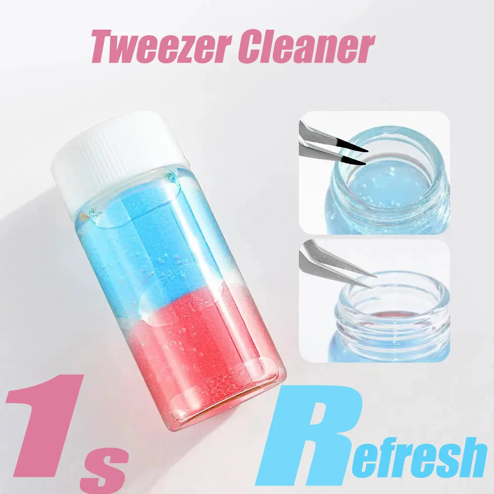 Eyelashes Tweezers Cleaner Eyelash Extension Tweezers Cleaning Tools with Glue Remover Liquid and Sponge Ball Cleaning Glue