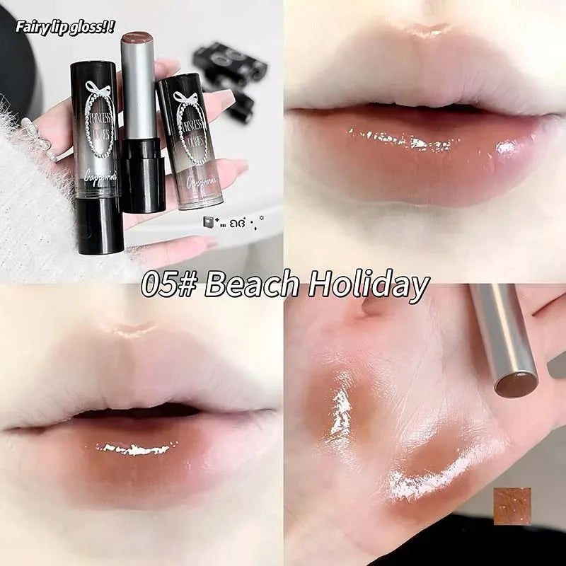 Pink Crystal Mirror Glass Solid Lip Gloss Round Tube Water Light Jelly Lipstick Moisturizing Clear Lip Glaze Nude Brown Lip Tint