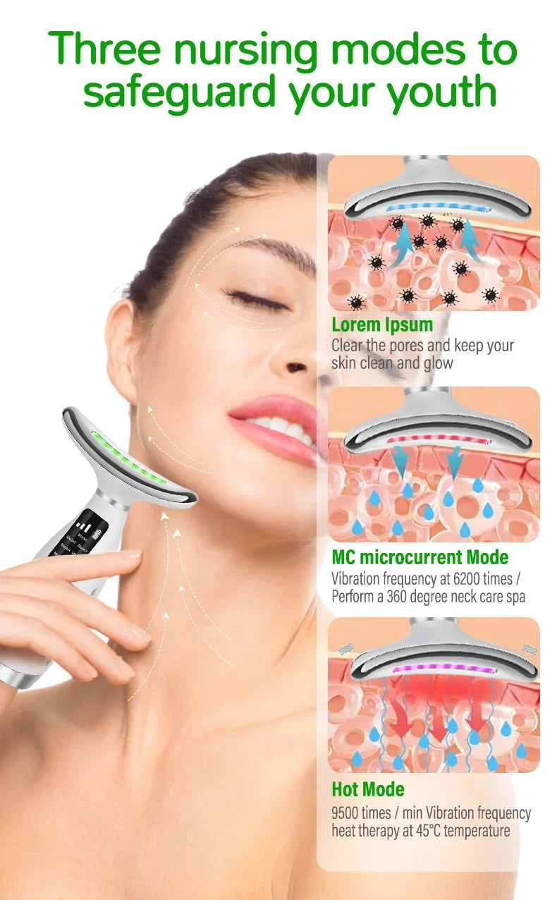 EMS micro current neck beauty instrument, 7-color facial massager, through vibration to enhance facial neck care