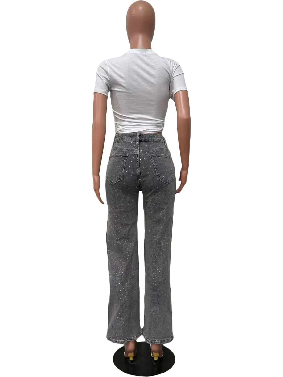 Women's Outfit Featuring Diamond-studded Washed Denim Pants Women's High-waisted Straight-leg Pants, and "hot Girl" Style Pants.