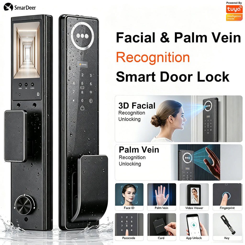 3D Face & Palm Vein Smart Door Lock IP65 Waterproof Tuya Video Call Biometric Fingerprint Electronic Lock for Home Front Door