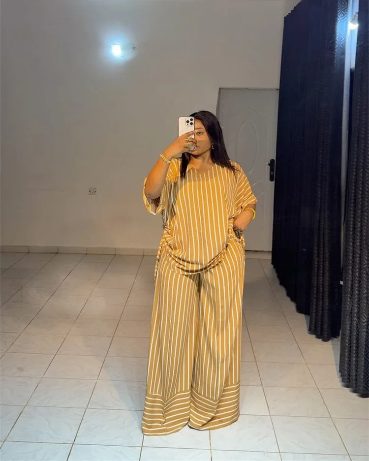 Pant Set Women Two Piece Sets V Neck Short Sleeve Drawstring Shirt Striped Wide Leg Long Pants Elastic Waist Y2k Streetwear 2026